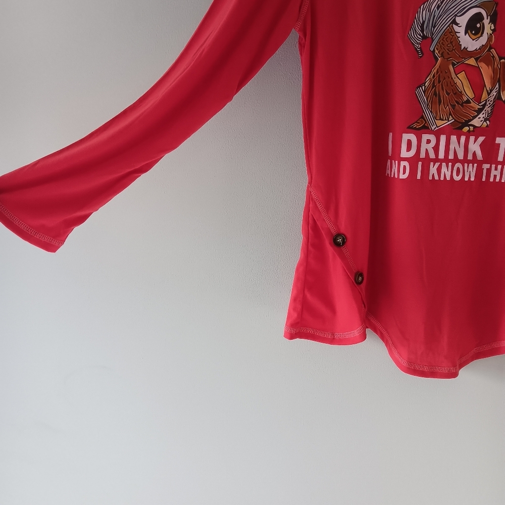 NEW NoraCora Jersey Sleep Shirt Lounge Pajama Top Books Tea Owl Red Extra Large - Picture 3 of 12